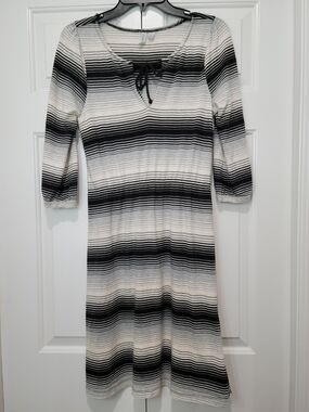 Old Navy Black and White Striped Midi Dress with Tie Neck